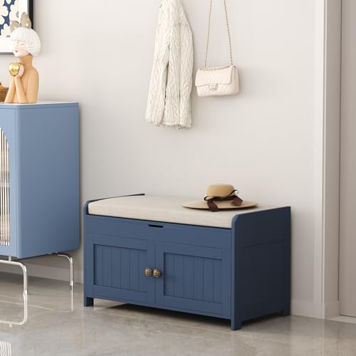 Shoe Storage Bench with Lift Top Cushioned Seat Blue k7