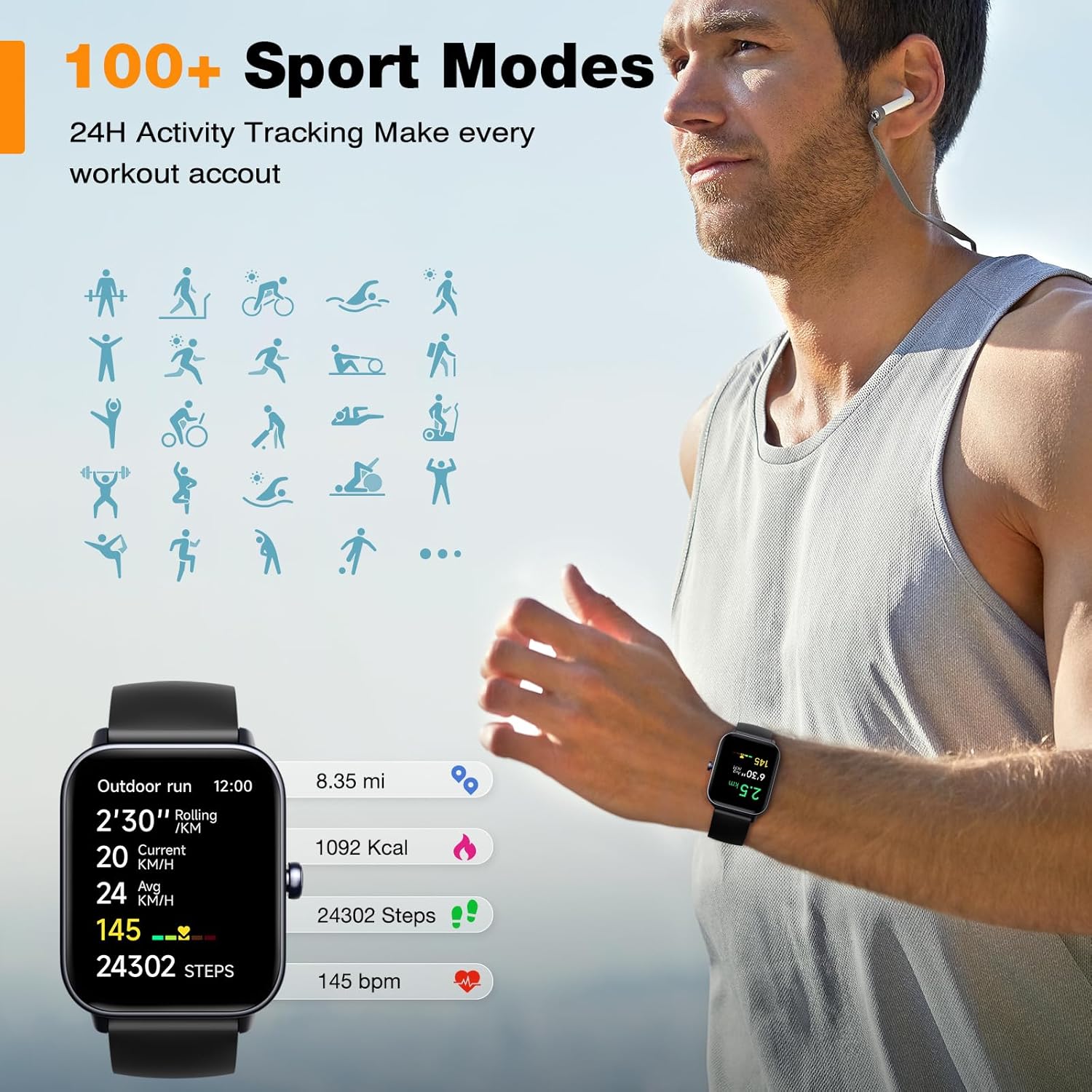 Smart Watch 1.8" Touchscreen Fitness Tracker Blood Oxygen Heart Rate Monitor a7