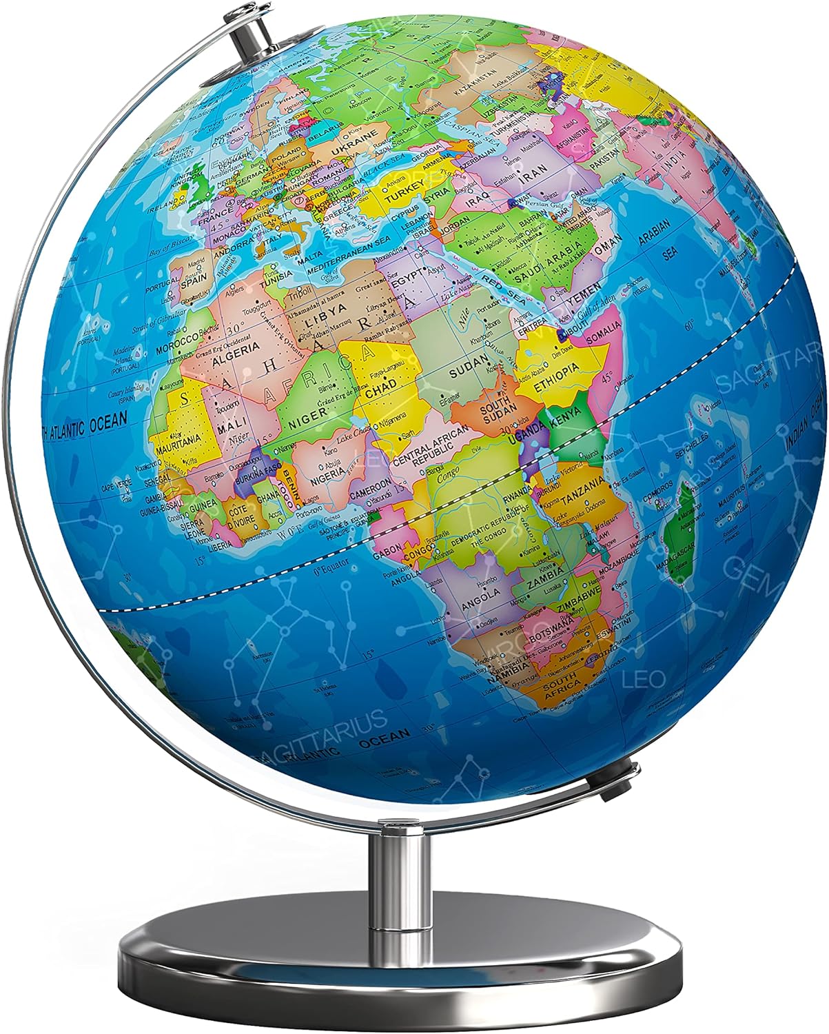 Illuminated World Globe with Stand, 9" Earth Globes with Stable Heavy Metal Base for Kids Classroom Learning, LED Constellation Globe Night Light with HD Printed Map