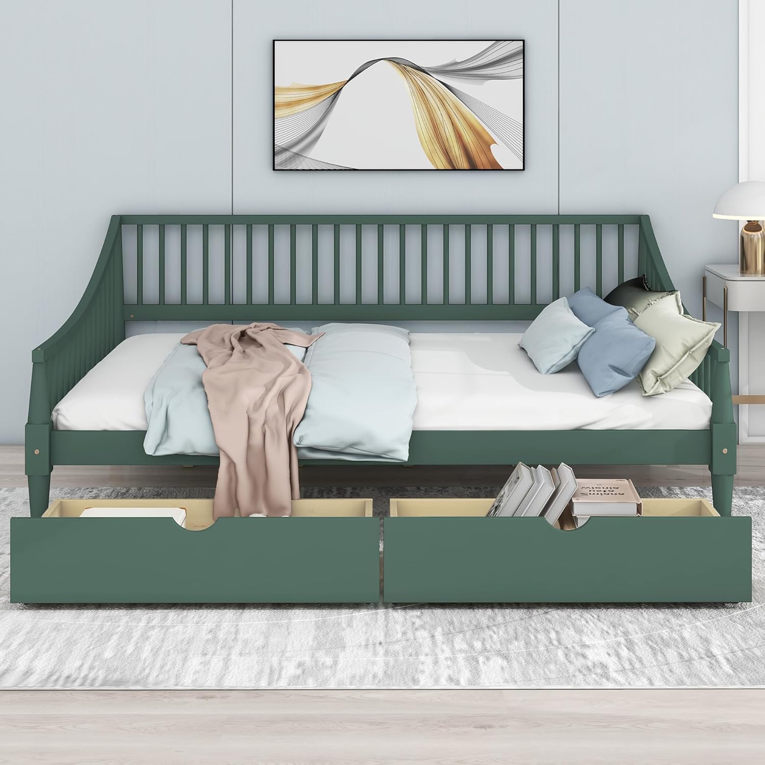 Daybed with Two Drawers Solid Wood Frame Green k7m
