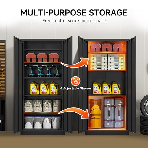 Metal Storage Cabinet 2 Doors 4 Shelves Lockable Black a7