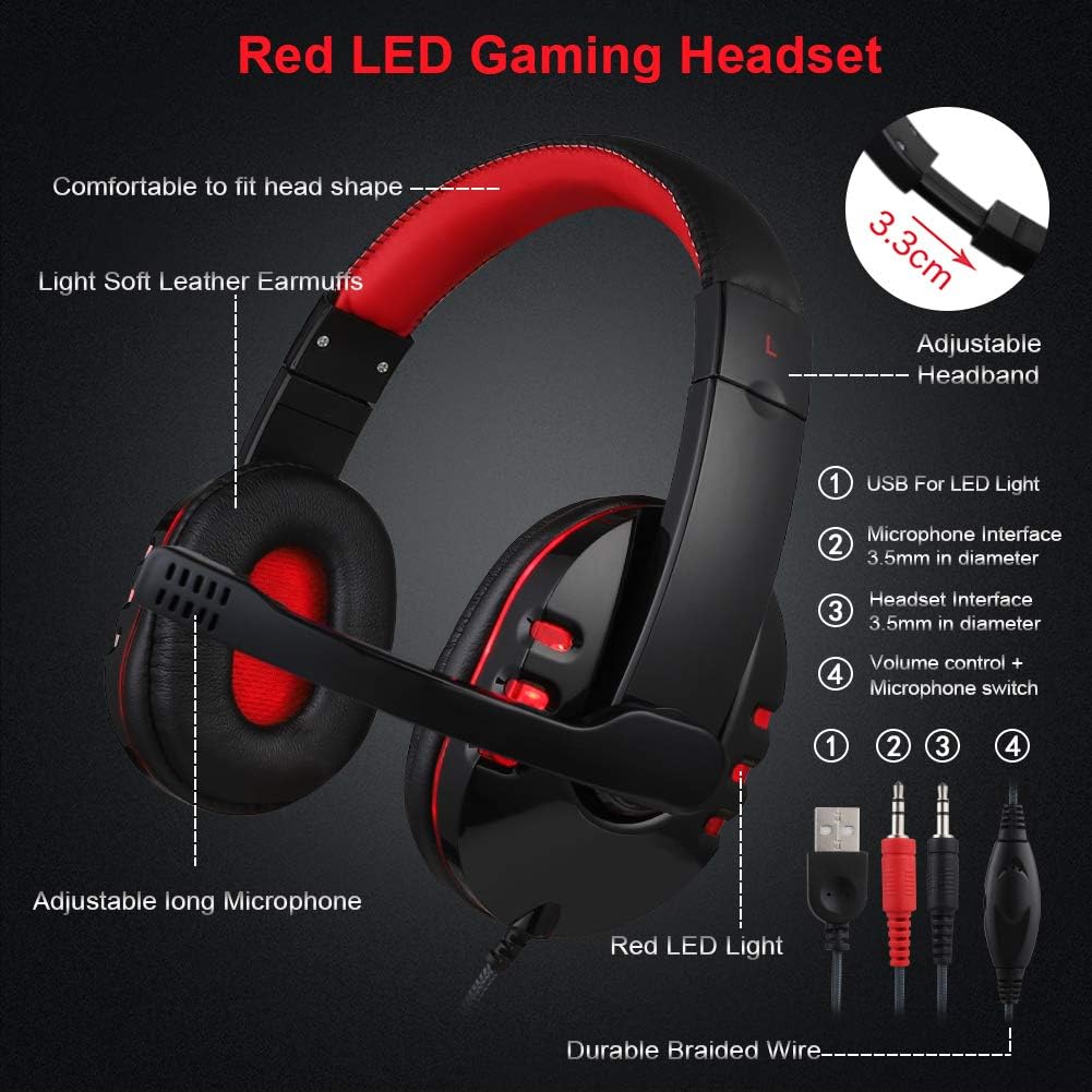 Gaming Keyboard Mouse Headset Combo USB Wired LED Backlit 114 Keys Red Light for PC Laptop k7