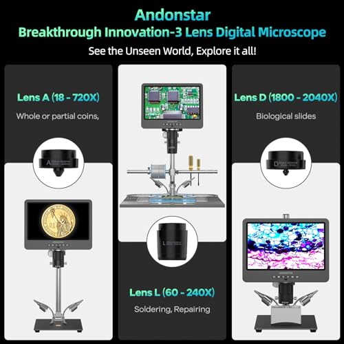 Andonstar AD246S-M Plus 7'' HDMI Soldering Digital Microscope for Electronics Repair, 2000x 3 Lens 2160P UHD Video Record, Soldering Microscope Station with Helping Hands, Coin Microscope, 32GB Card  
7英寸 HDMI 焊接数码显微镜 2000倍 三镜头 4K录像 带辅助支架 32G卡 k7