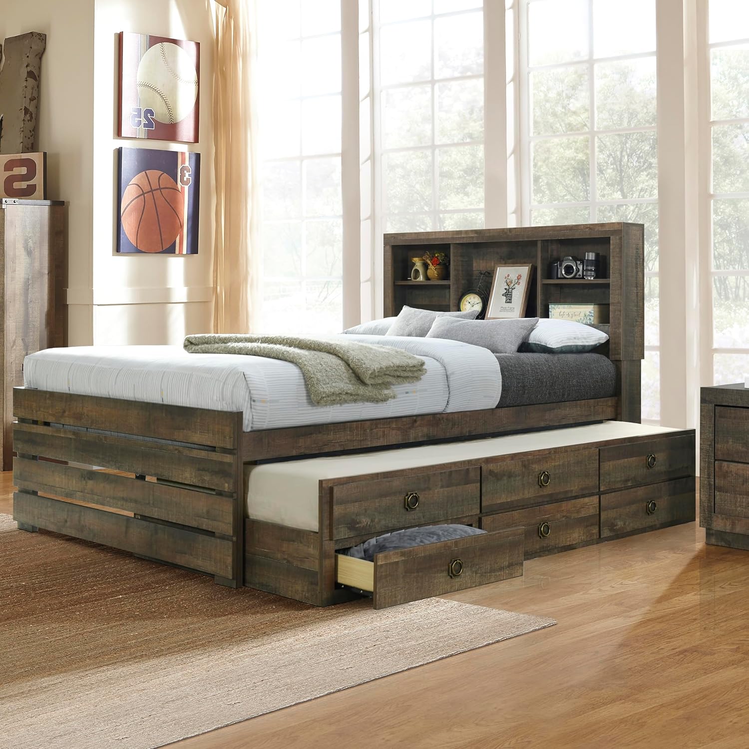 Twin Bookcase Captain Bed with Drawers and Trundle Rustic Brown k7m
