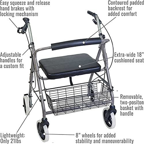 Rollator Walker with Extra Wide Seat, Adjustable Height, Burgundy k7