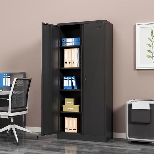 Metal Storage Cabinet 2 Doors 4 Shelves Lockable Black a7
