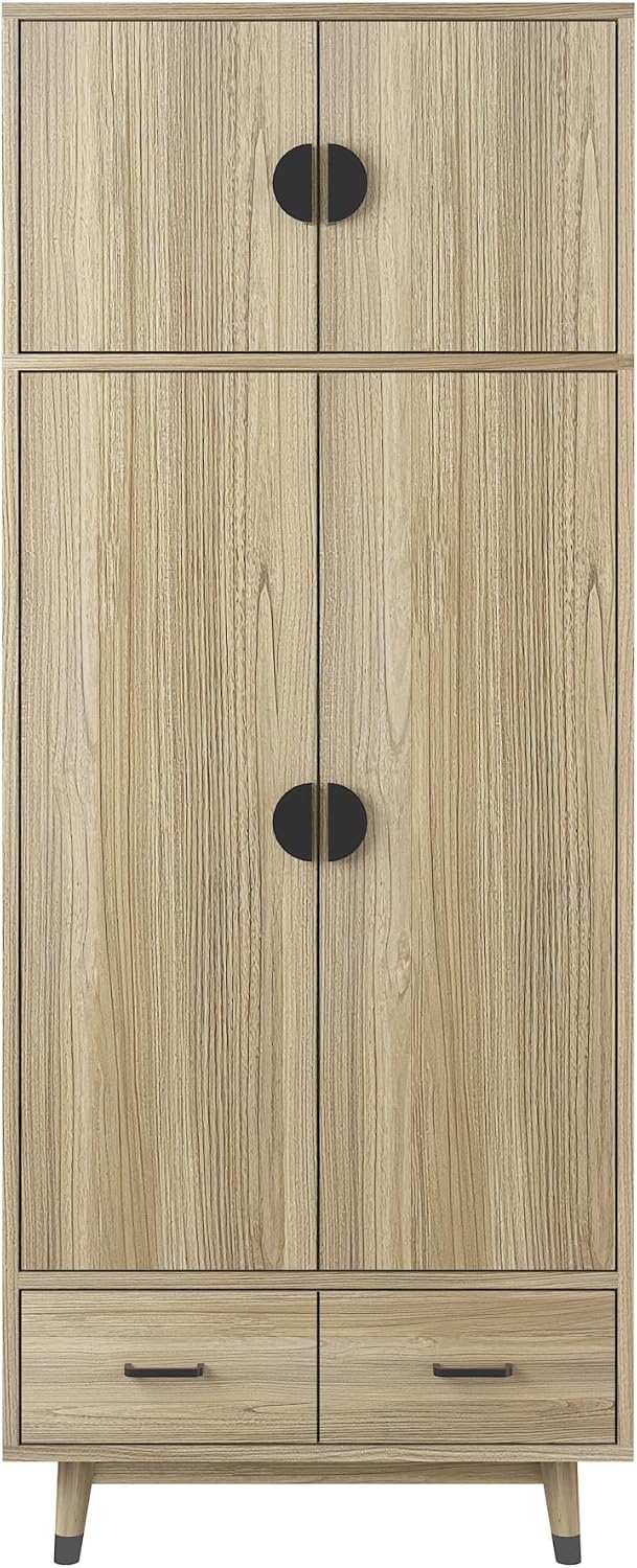 Oak 2-Door Storage Cabinet with Drawers and Hanging Rod k7p