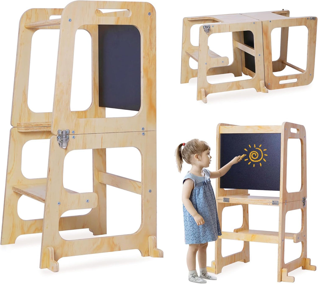 lesolar 3-in-1 Toddler Standing Tower, Kids Kitchen Step Stool Helper, Montessori Assistant Tower Suitable for Toddlers and Children from 1-6 years old Kitchen Blackboard Tower with Safety Rail