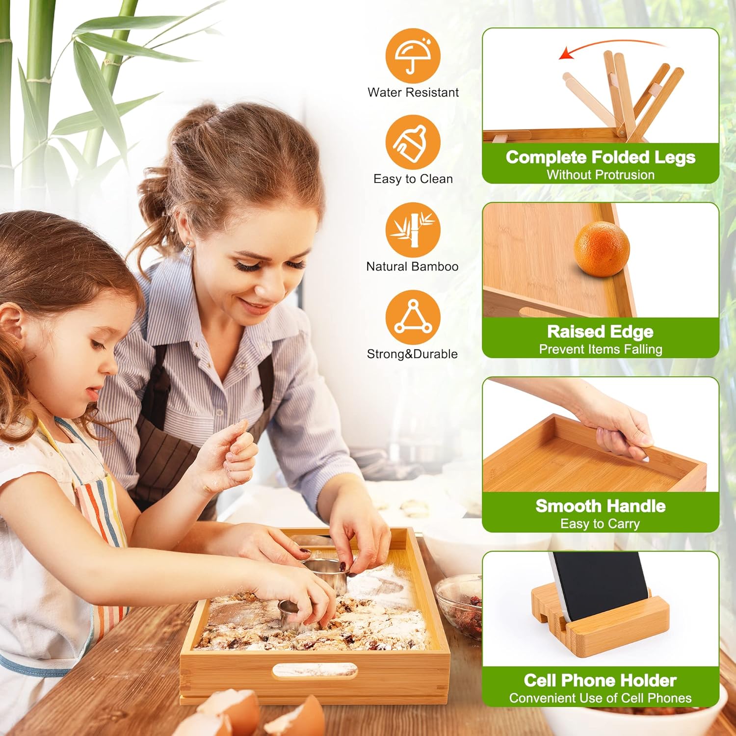 Bamboo Bed Tray with Folding Legs and Phone Holder k7m