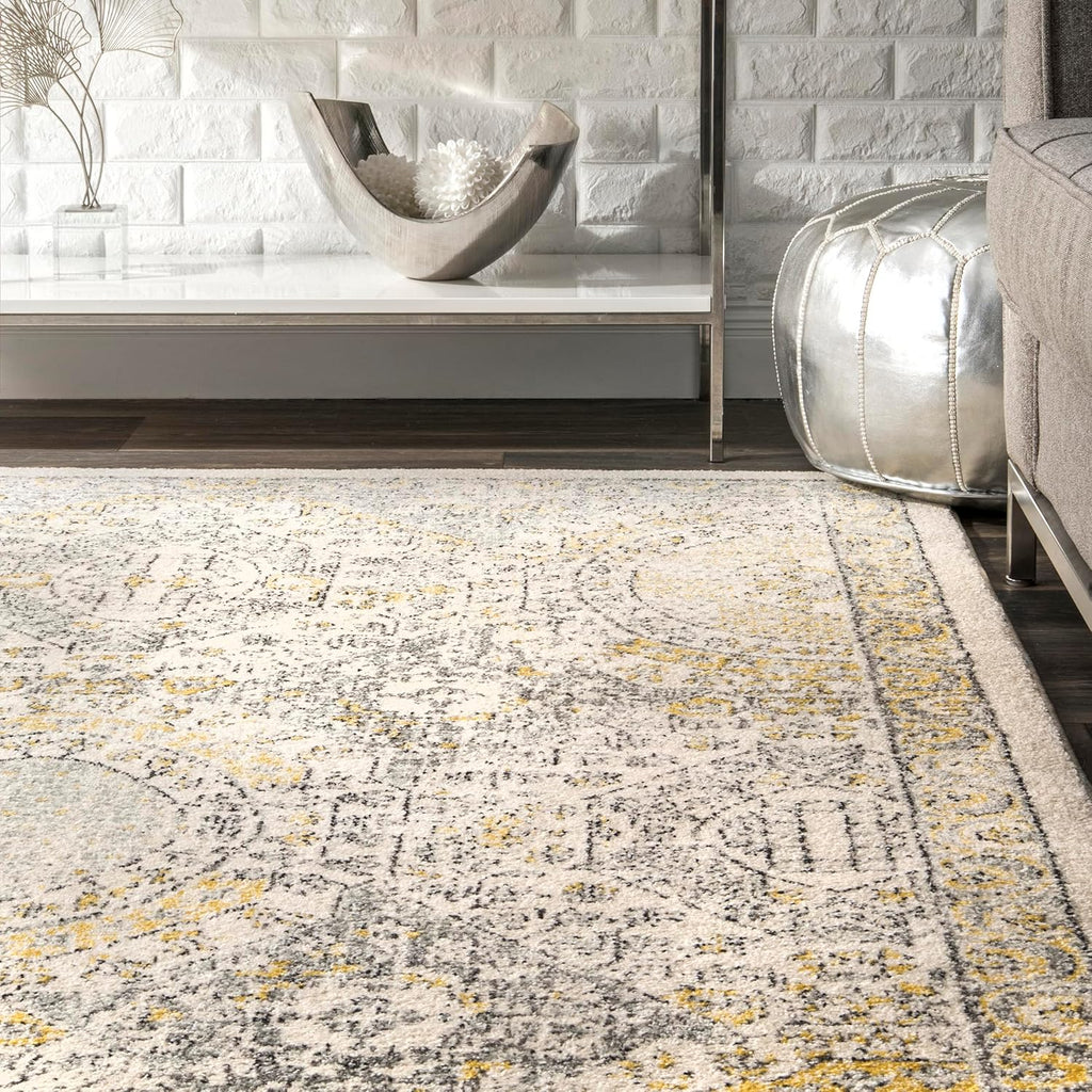 Vintage Transitional Runner Rug 2x10 Gold Off-White k7
