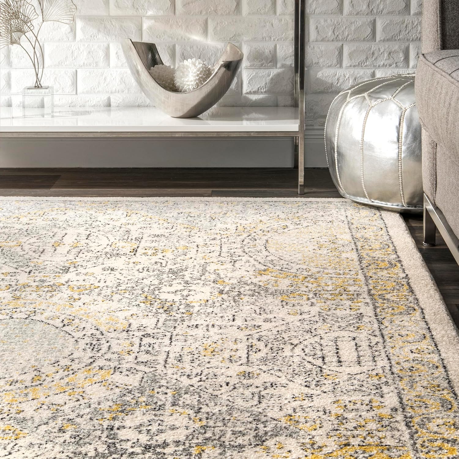 Vintage Transitional Runner Rug 2x10 Gold Off-White k7