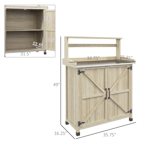 Outdoor Wooden Potting Table with Galvanized Top and Shelves a7