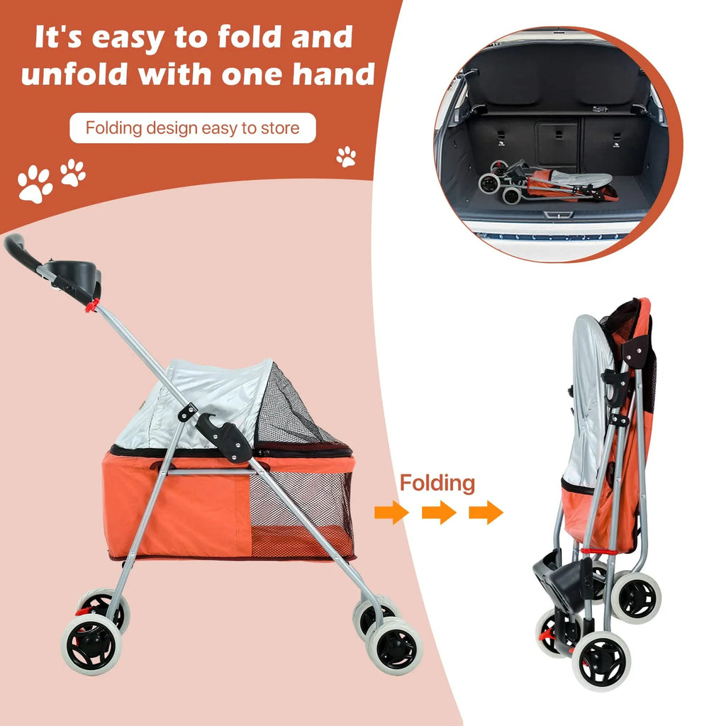 Dog Stroller Folding Pet Cat Stroller 4 Wheels Portable Orange k7