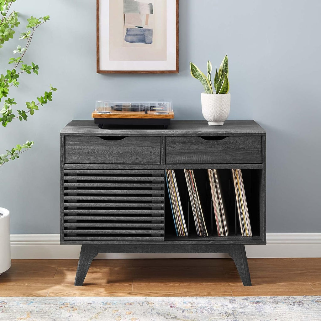 Modway Render Mid-Century Modern 37" Vinyl Record Display Stand with Drawers in Charcoal