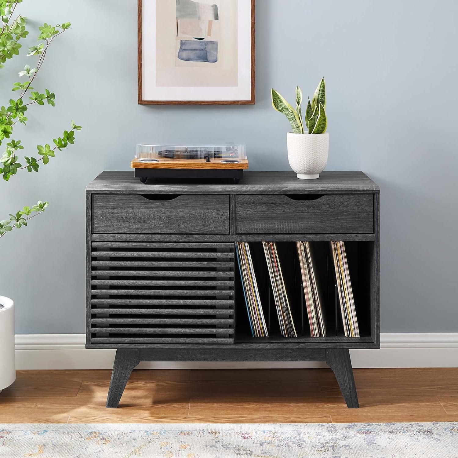 Modway Render Mid-Century Modern 37" Vinyl Record Display Stand with Drawers in Charcoal