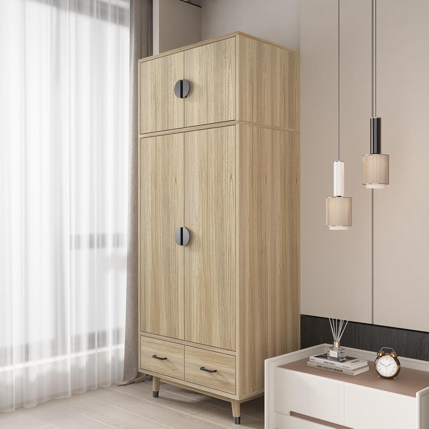 Oak 2-Door Storage Cabinet with Drawers and Hanging Rod k7p
