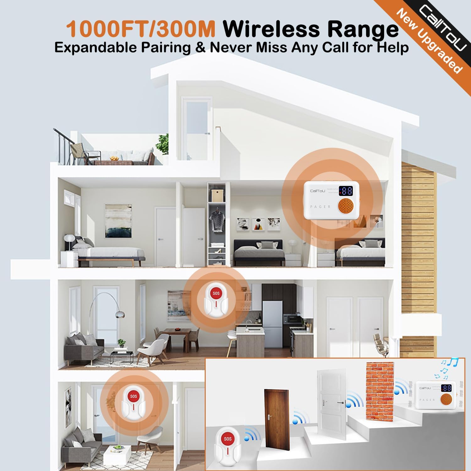 Caregiver Call Button Wireless Pager System for Elderly Monitoring a7k